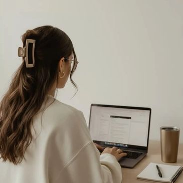 Woman working on a laptop at a desk.