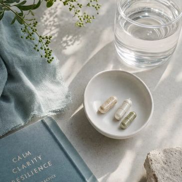 Three capsules in a bowl with a glass of water and a book.
