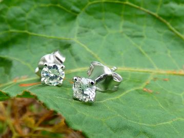 Pair of diamond stud earrings on a green leaf.