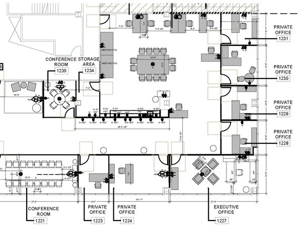 Office floor plan with conference rooms, private offices, and storage.