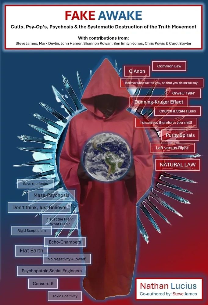 A hooded figure holding Earth with labels on cults, psychosis, and truth movement manipulation.