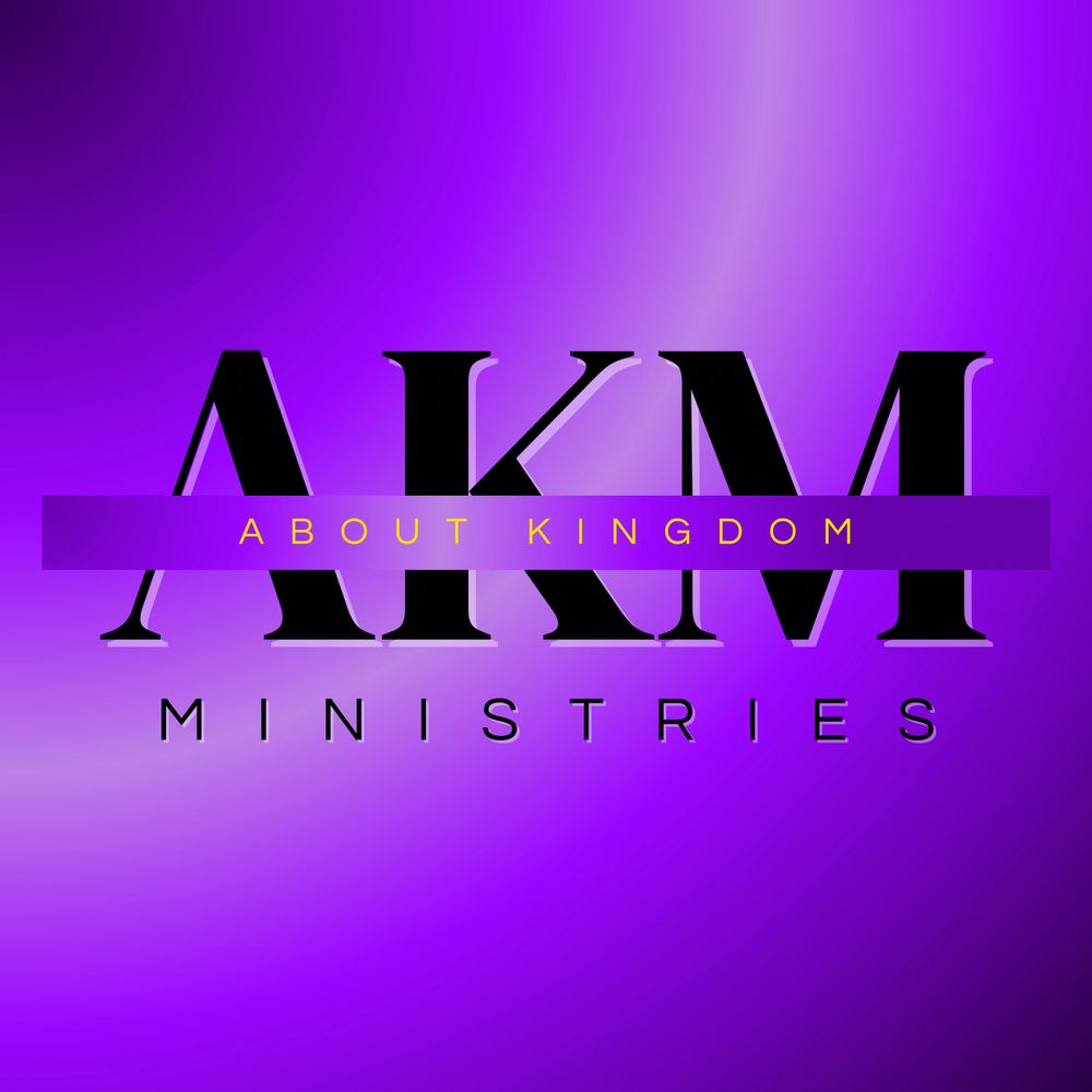 AKM Ministries logo with a purple gradient background and yellow text.