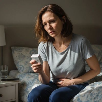 Woman with stomach pain reading medication instructions in bedroom.