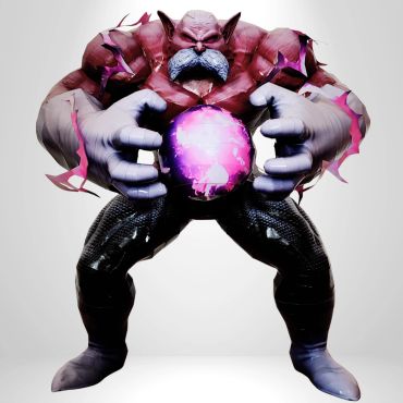 Personagem musculoso com esfera brilhante nas mãos.