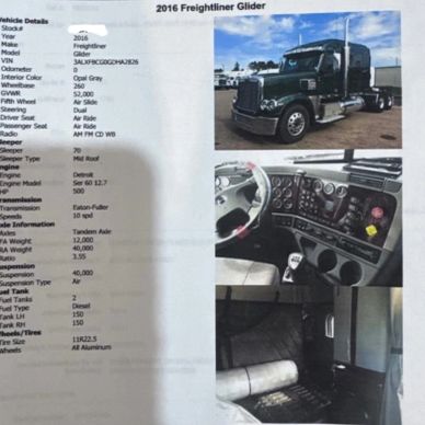 Spec sheet flyer showing a dark semi-truck sleeper cab parked outdoors on a clear day, alongside int