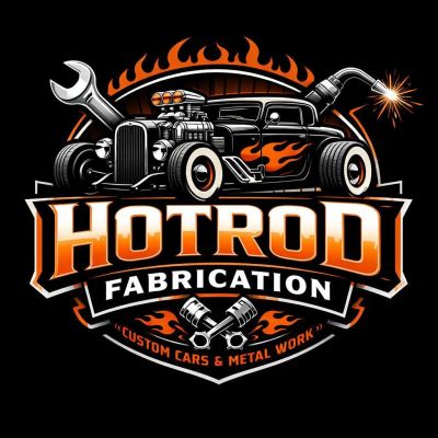 Logo featuring a hotrod car with flames and welding tools.