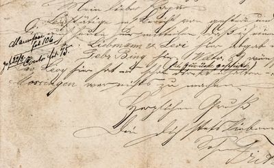 Old handwritten letter with cursive script and stamps.