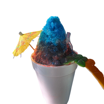 Colorful shaved ice dessert with a yellow umbrella and gummy candy in a white cup.