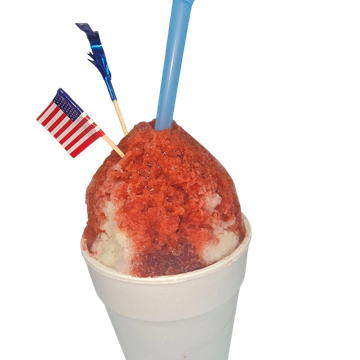 Red and white shaved ice in a cup with an American flag and blue straw.