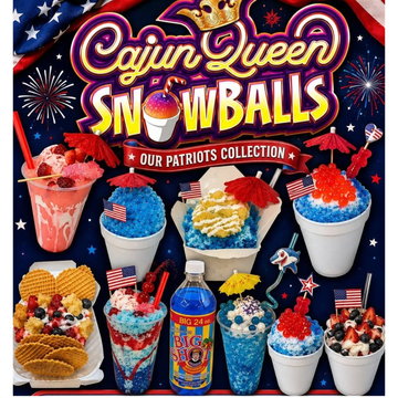 Colorful Cajun Queen Snowballs with patriotic decorations and fireworks background.