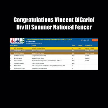 Long Island Fencers Club, Fencing Tournament, USA Fencing, Vincent DiCarlo, Summer Nationals