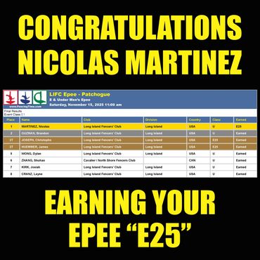 Long Island Fencers Club, Fencing Tournament, USA Fencing, Nicolas Martinez, Huntington