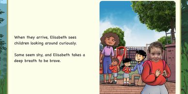 Children and Elisabeth arrive at a playground, some children shy and curious.