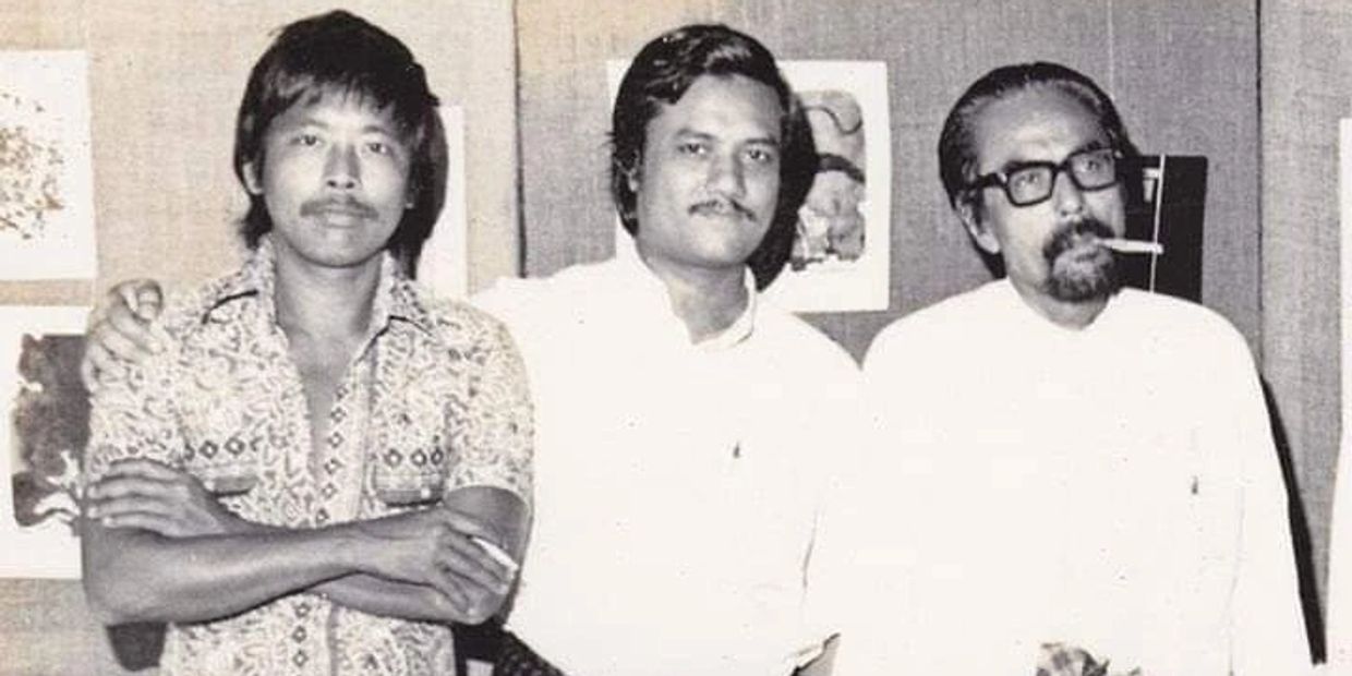 Paw Thame  and Bagyi Aung Soe with Sonny Nyein at the Peacock Gallery 1984