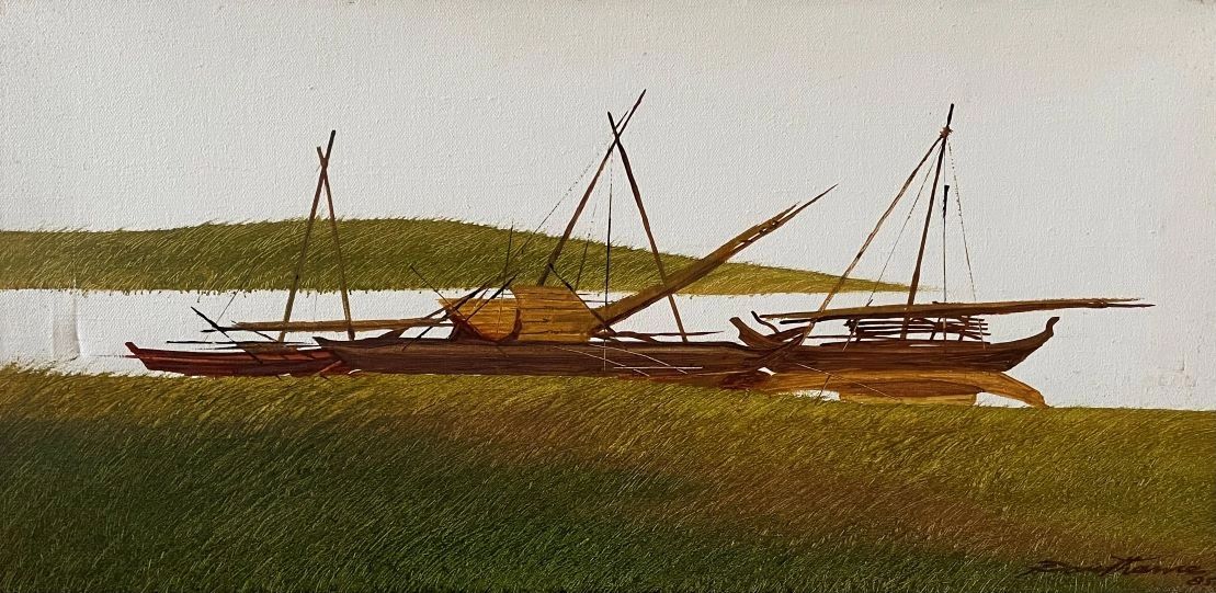 Shipping Boats, Paw Thame, 1985, Oil on Canvas, 12 x 24 inches 