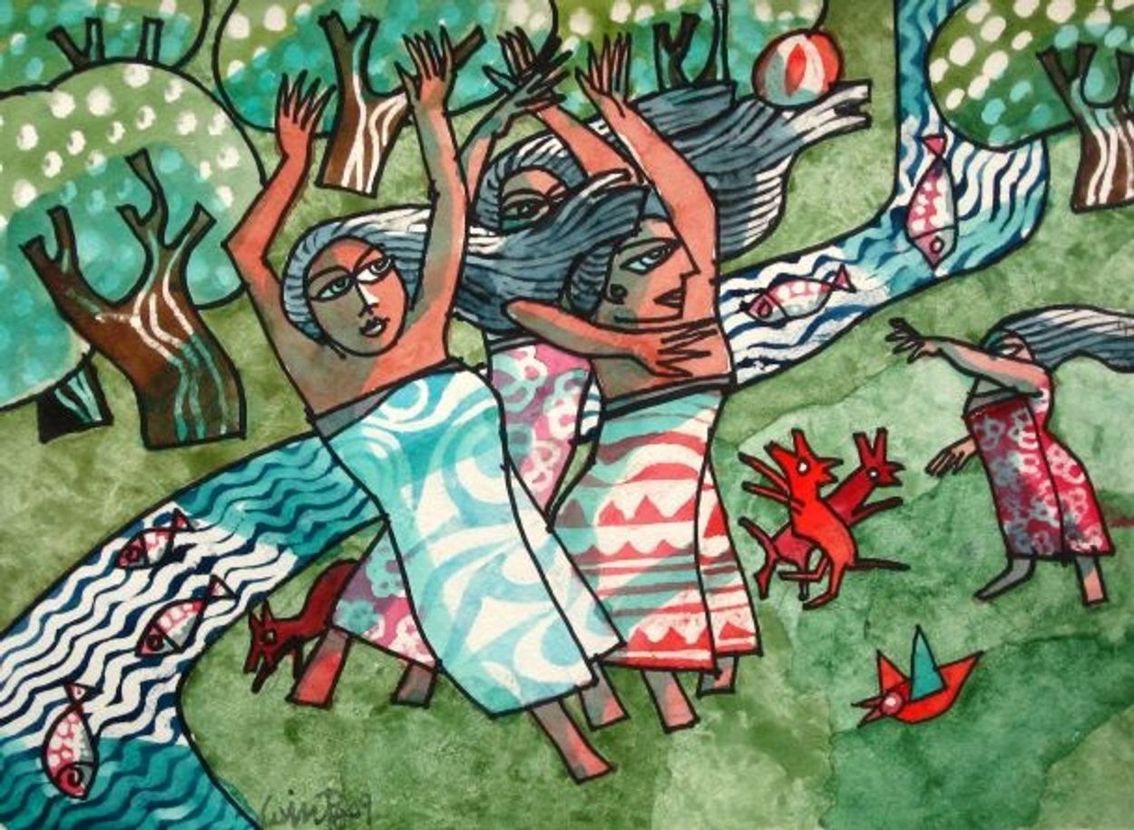 Women Playing with a Ball, Win Pe, 2009, Watercolor, 11 x 15 inches