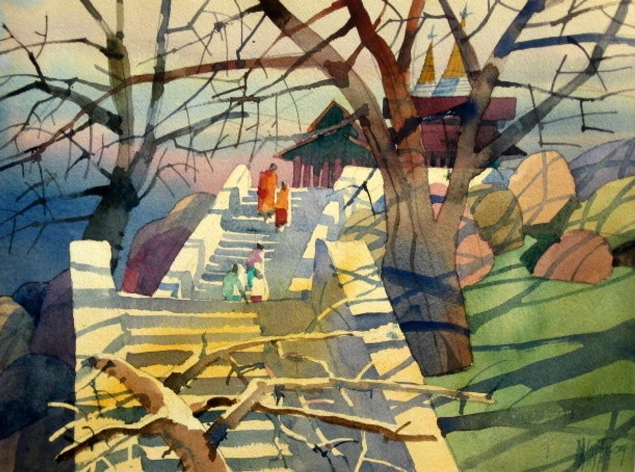 Steps to Pagoda, Win Pe, 2009, Watercolor, 12 x 16 inches 