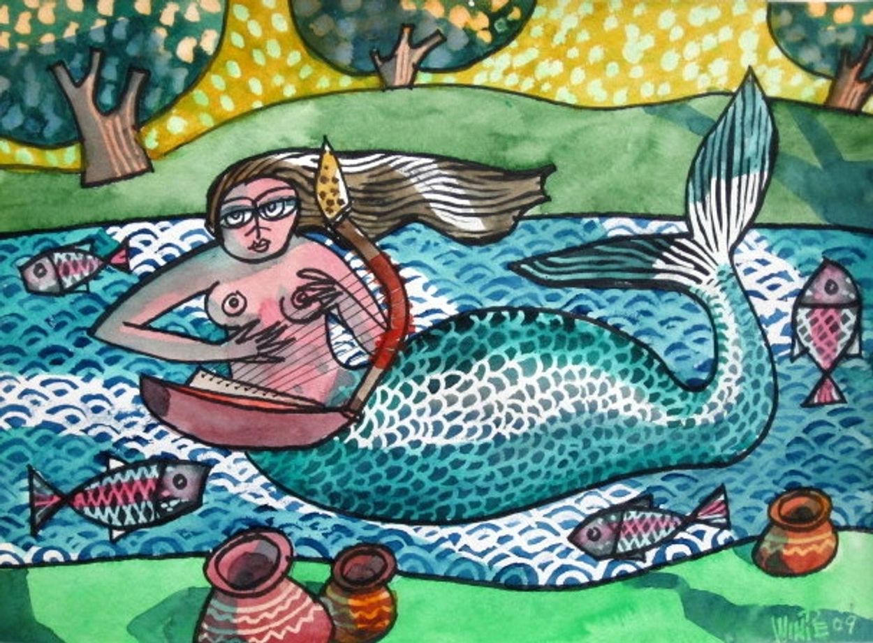 Mermaid Playing Harp, Win Pe, 2009, Watercolor, 11 x 15 inches