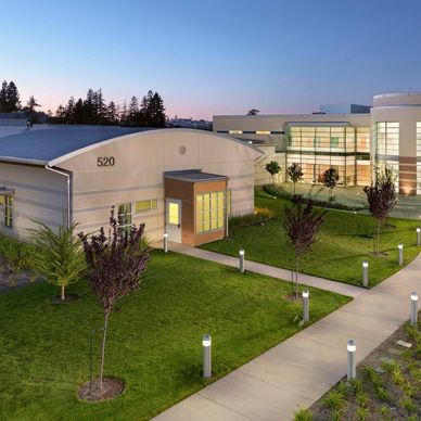 Modern educational campus buildings at dusk with well-lit pathways and green lawns.