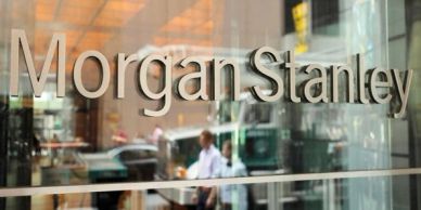 Morgan Stanley logo on glass door of office.