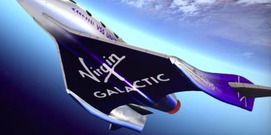Virgin Galactic spaceship flying in the sky.