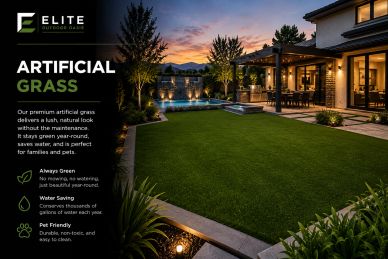 Artificial grass lawn in a backyard at sunset.