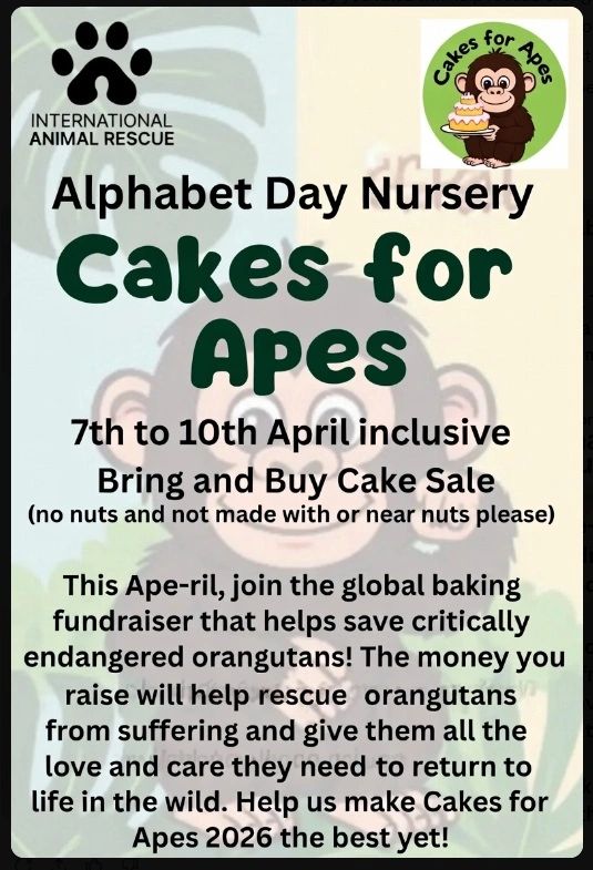 Alphabet Day Nursery hosts Cakes for Apes bake sale to save endangered orangutans.