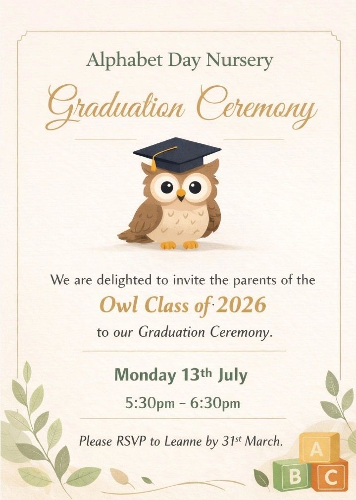 Invitation for Alphabet Day Nursery's Owl Class 2026 Graduation Ceremony on July 13th.