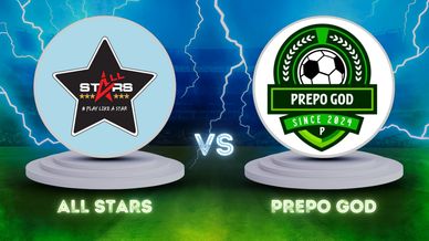 Logos of All Stars and Prepo God teams facing off in a soccer match.