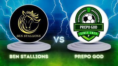 Soccer match-up: Ben Stallions vs Prepo God logos on a stadium background with lightning effects.