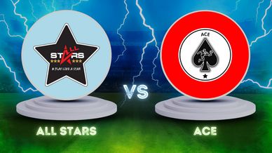 All Stars vs Ace football team logos with electrifying background.