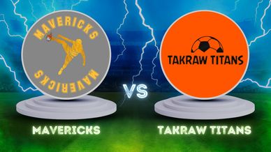 Mavericks vs Takraw Titans match logo with dynamic lightning background.
