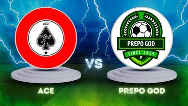 Soccer team logos ACE vs PREPO GOD with a dynamic lightning background.