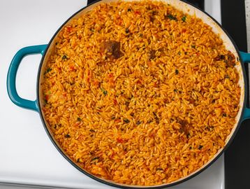 Deba's Kitchen Native Rice With Ponmo, Dried Fish And Goat Meat