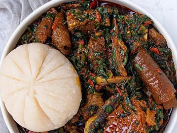 A bowl of Nigerian soup with pounded yam.