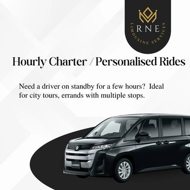 Black luxury van offering hourly charter and personalized rides with a driver on standby.