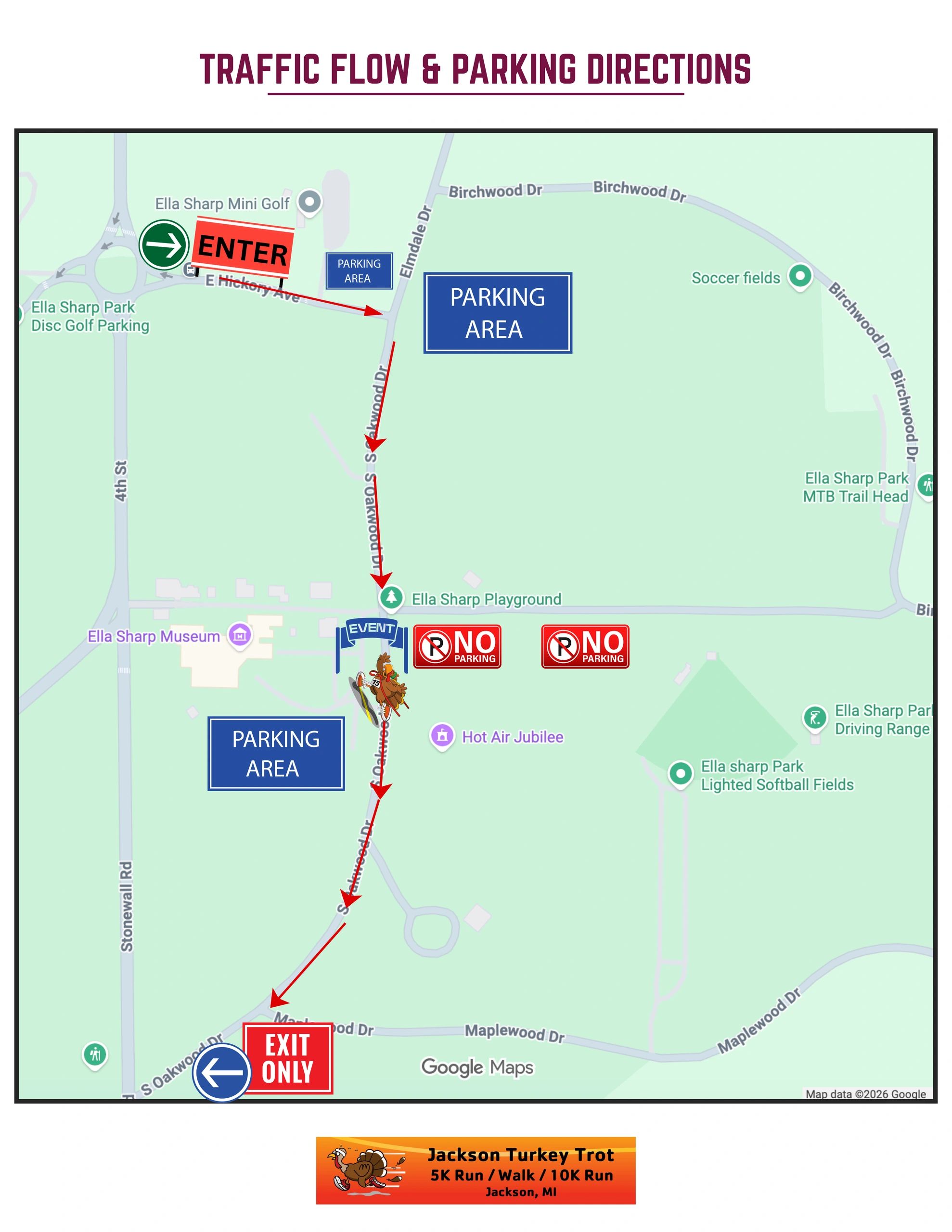 Jackson Turkey Trot parking and traffic flow map.