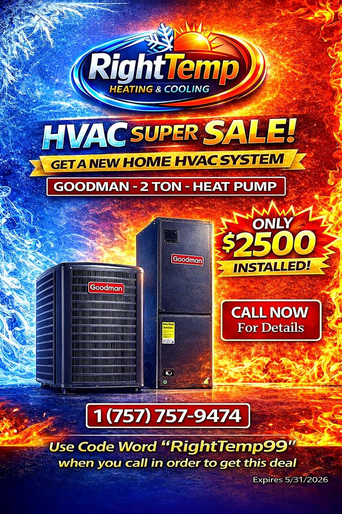 HVAC SALE! GOODMAN 2 TON HEAT PUMP!
Only $2500 Installed! Give Us a call. This Sale ends soon. 
