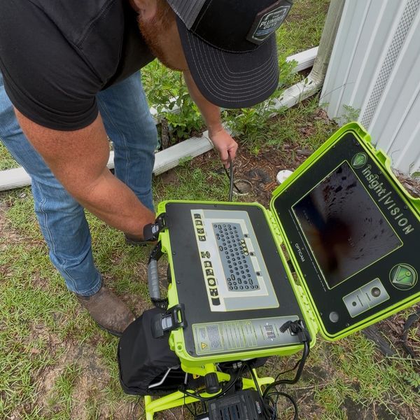 Man operating inspection camera equipment outdoors.