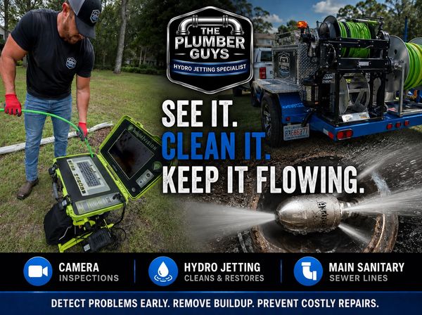 The Plumber Guys promoting hydro jetting and camera inspections for sewer maintenance.