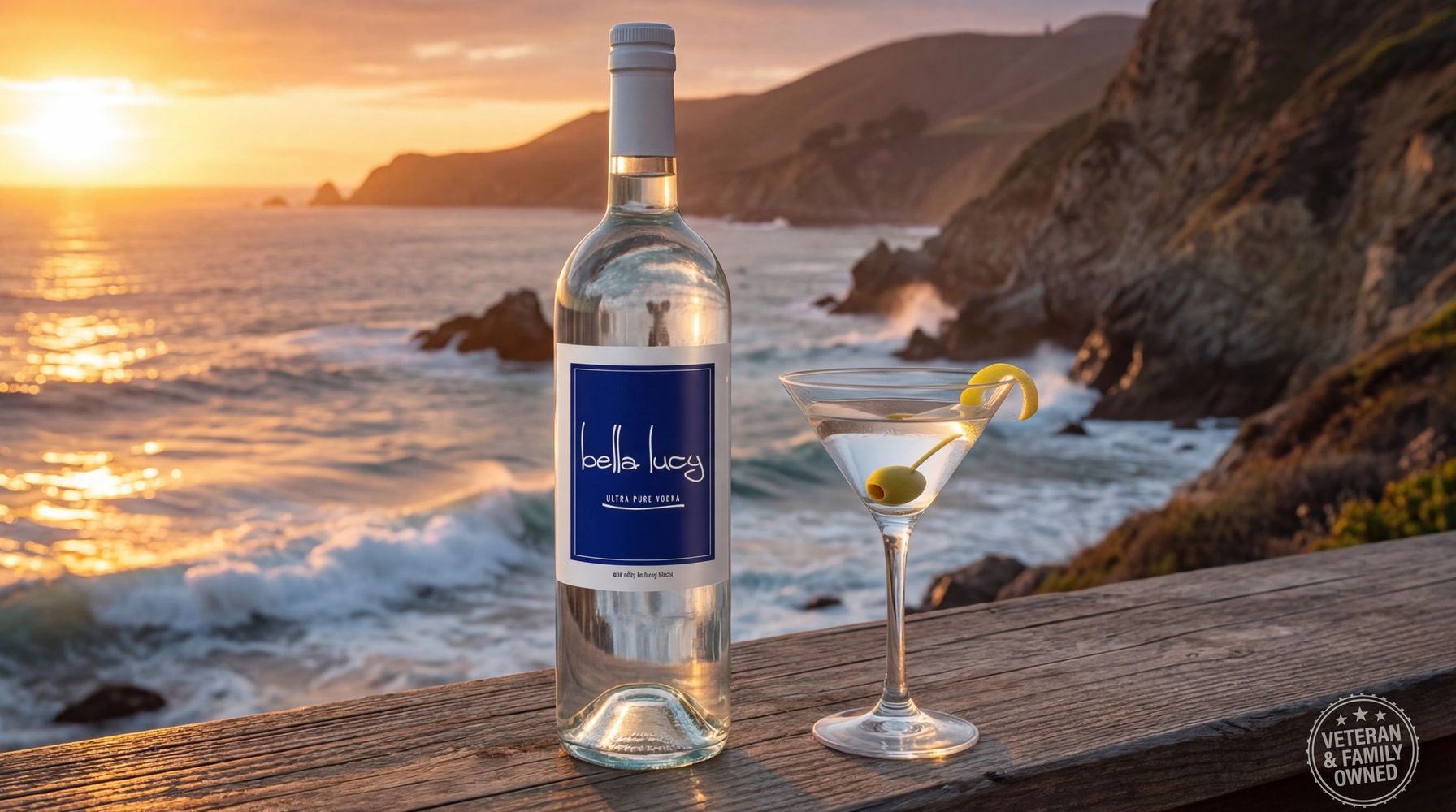 A bottle of Bella Lucy vodka and a martini glass at sunset by the ocean.