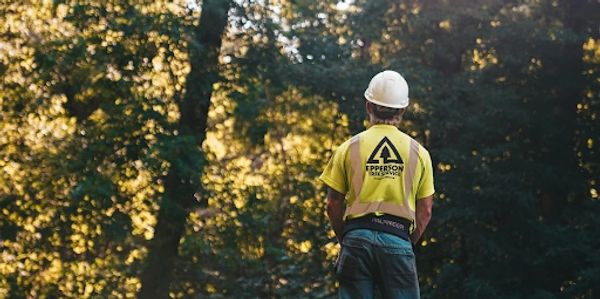 Construction worker in a hard hat standing outdoors amidst trees.