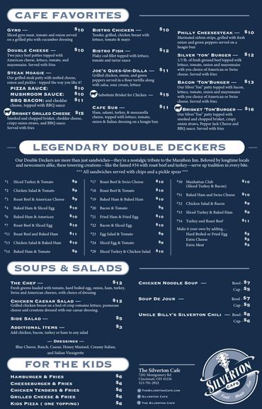 Silverton Cafe menu featuring favorites, double deckers, soups, and kids meals.