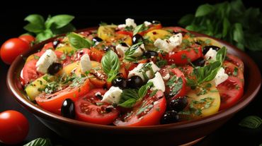 Italian tomato Salad with goat cheese with fresh herbs in a bowl  