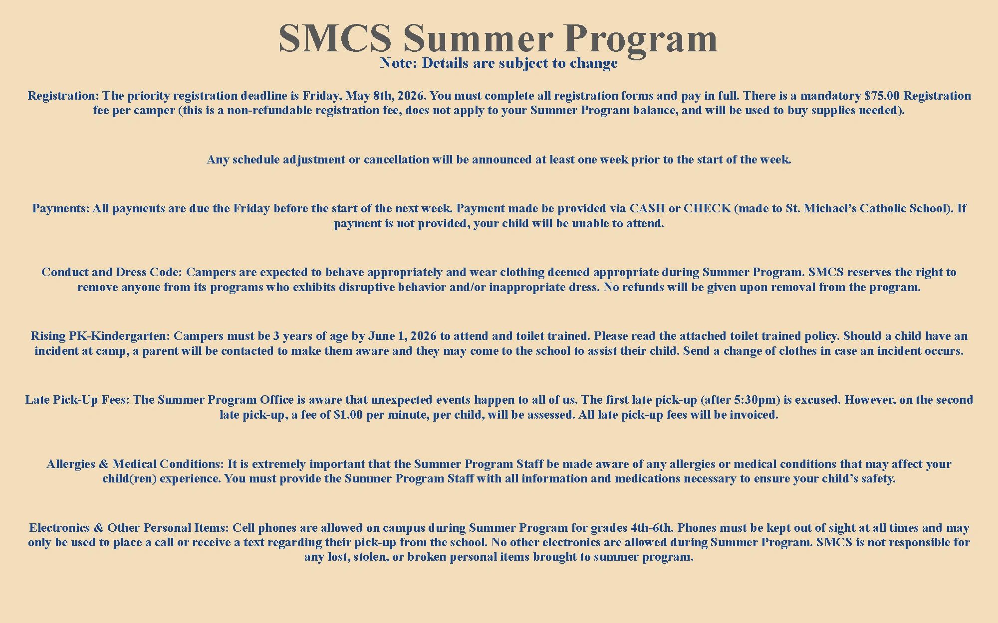 SMCS Summer Program details including registration, payments, dress code, and policies.