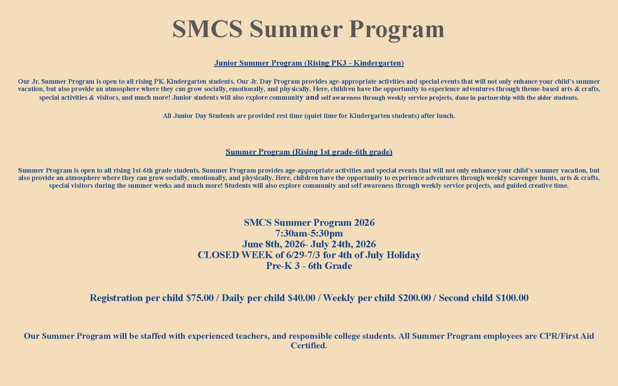 SMCS Summer Program offers activities for PK3 to 6th grade with creative projects and community service.