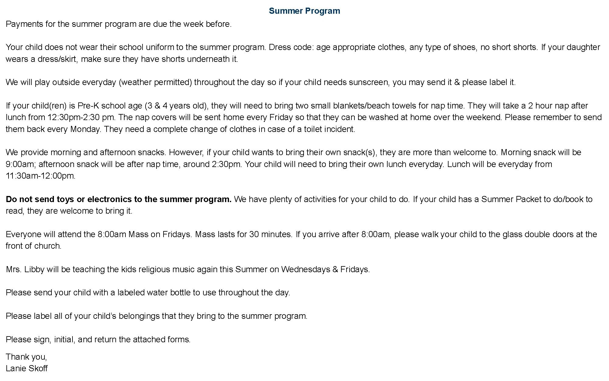Summer program guidelines on dress code, snacks, nap time, and activities for kids.