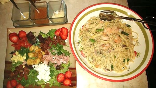 Shrimp pasta and chef’s salad