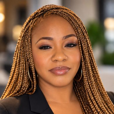 Confident woman with braided hair and hoop earrings.