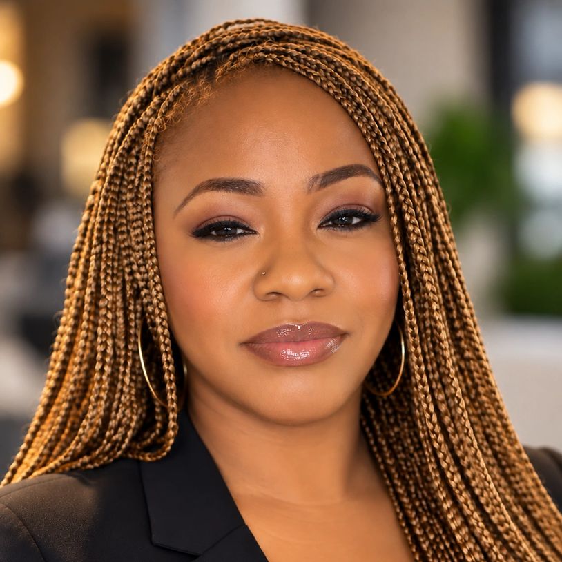 Confident woman with braided hair and hoop earrings.